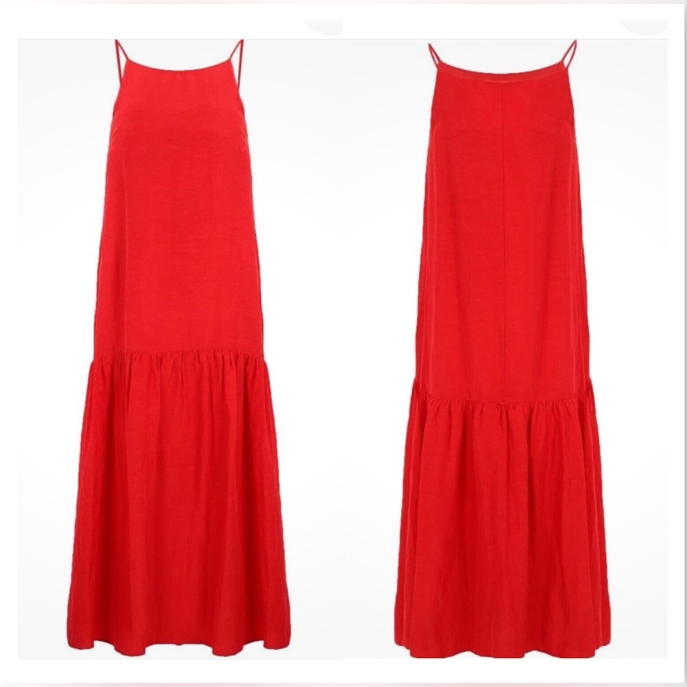 $226 Caractere Women Red Linen Blend Midi Dress Sz 10 US Quiet Luxury Resort NWT